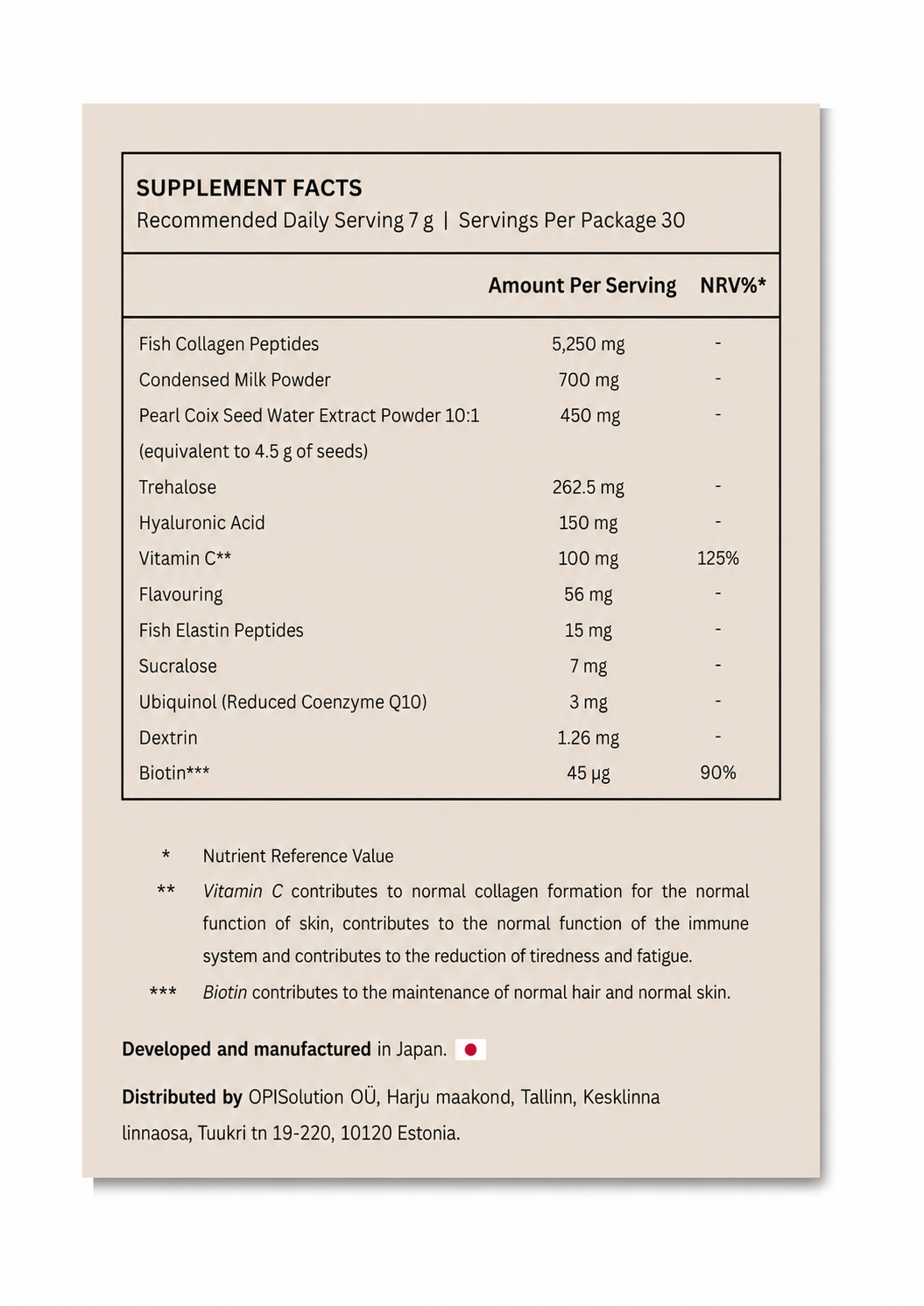 Supplement facts for Fine Japan Hyaluronic Acid & Collagen + Ubiquinol Q10 Premium, 7 g serving
